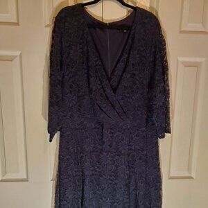 NEW Tiana B Navy Blue Lace 3/4 Sleeve Faux Wrap Top Dress Lined Size 26W
